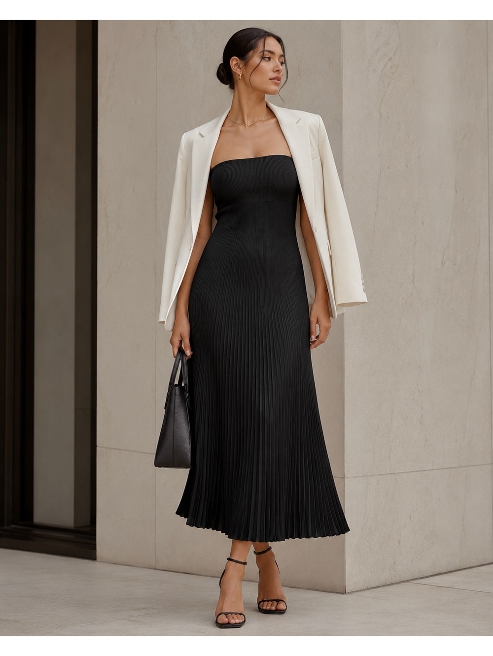 Aritzia Babaton Offer Black Satin Micro-Pleated Strapless Midi Dress L